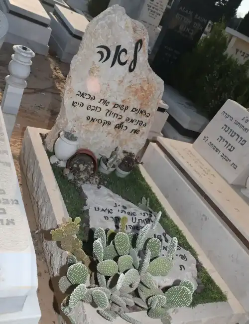 מצבת יחיד קבורת שדה מסלע טבעי בשילוב מסגרת מאבן ירושלמית עם גינה אגרטל פרחים אותיות עופרת מחוברות לסלע